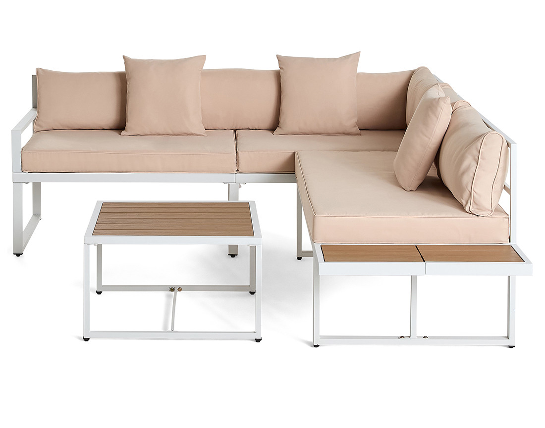 Salon de jardin d’angle en acier blanc 5 places coussins beige et table incluse Anoha