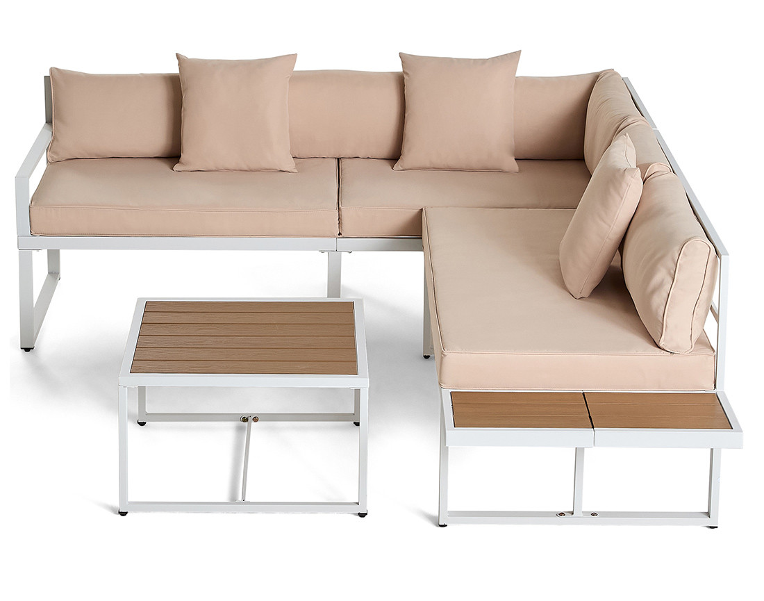 Salon de jardin d’angle en acier blanc 5 places coussins beige et table incluse Anoha