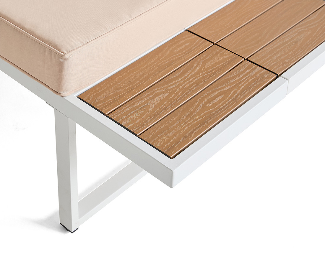 Salon de jardin d’angle en acier blanc 5 places coussins beige et table incluse Anoha