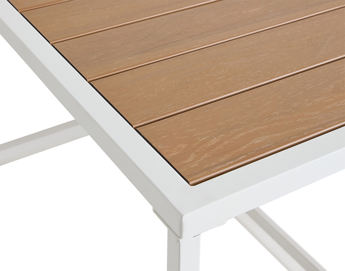 Salon de jardin d’angle en acier blanc 5 places coussins beige et table incluse Anoha