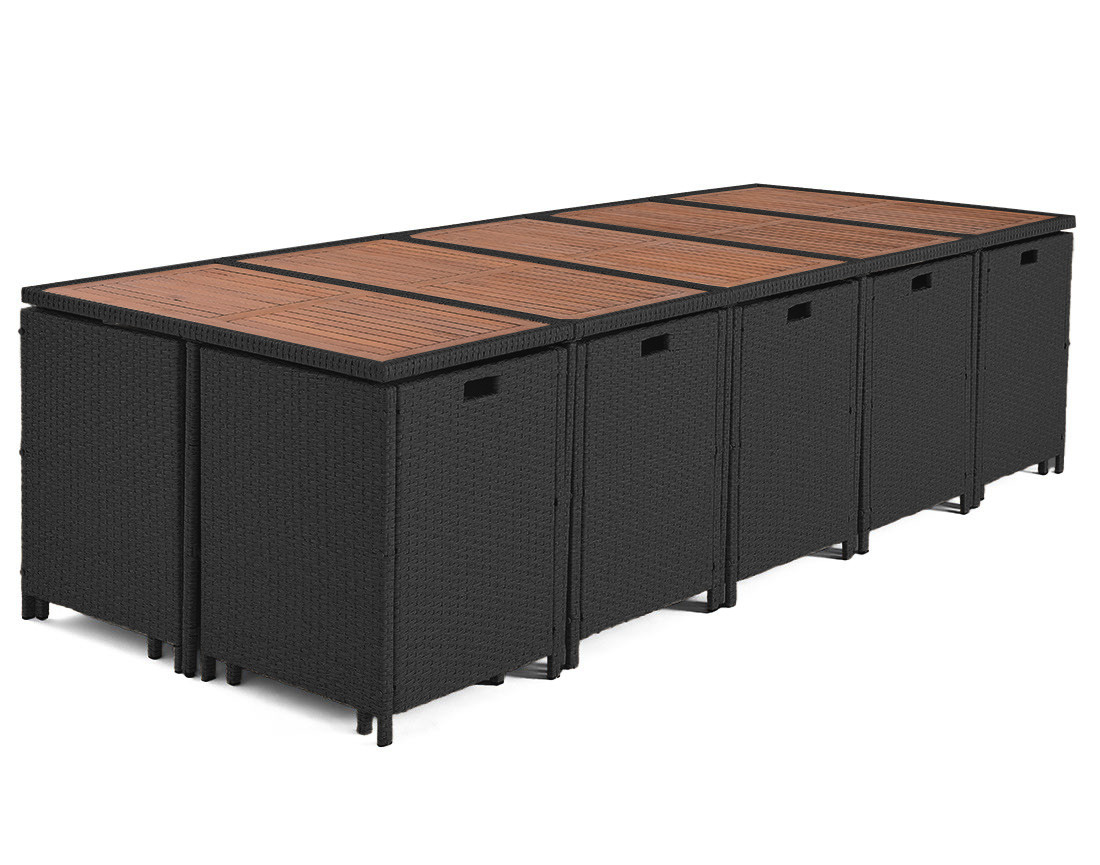 Salon de jardin encastrable en résine tressé noir 14 places coussins gris et housse de protection Cuba