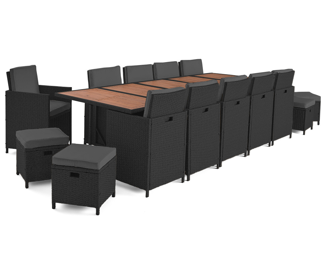 Salon de jardin encastrable en résine tressé noir 14 places coussins gris et housse de protection Cuba