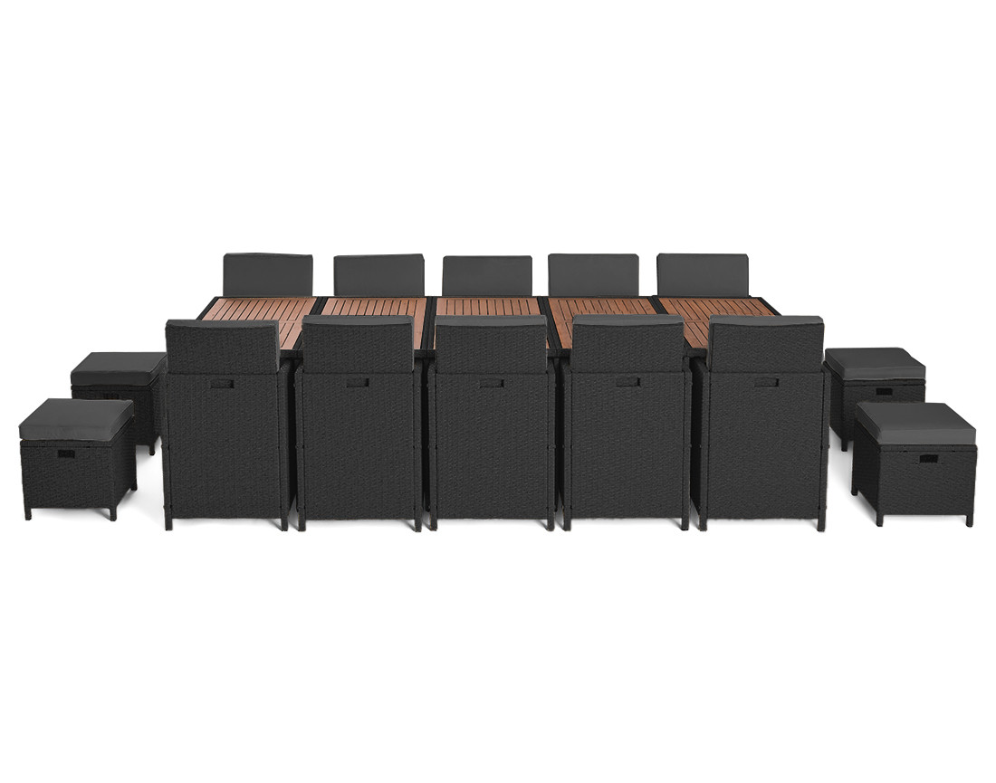 Salon de jardin encastrable en résine tressé noir 14 places coussins gris et housse de protection Cuba