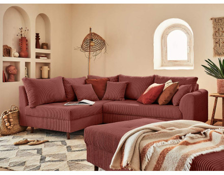 Canapé d'angle gauche - 4 places - avec pouf d'appoint - en velours côtelé - Rune